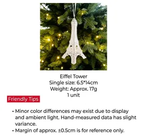Eiffel Tower Christmas ornament in white glitter acrylic measuring 6.5x14cm for tree decor