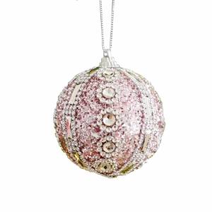 Pallina di Natale rosa con glitter e motivi floreali di strass argentati eleganti