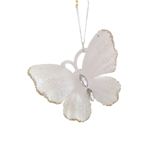 Witte acryl kerstvlinder hanger met gouden glitterranden en glanzende diamanten