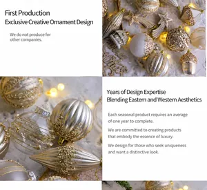 Detailed macro view of champagne gold Christmas ornaments with sequins and pinecone shapes