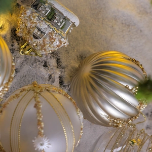Exquisite silver and white Christmas tree ornaments with sequins and snowflake details
