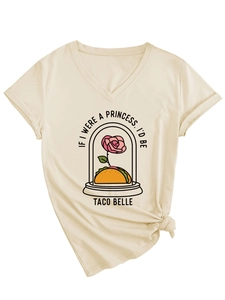 Λεπτομέρεια κρεμ T-shirt με V λαιμόκοψη, σχέδιο Taco Belle και δέσιμο στο πλάι