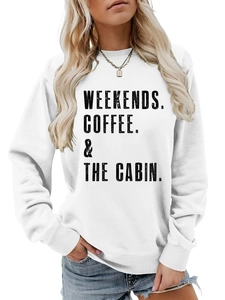 Close-up of Weekends Coffee & The Cabin typography on white cotton crewneck sweatshirt
