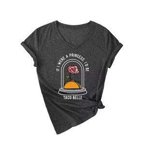 Γυναικείο γκρι T-shirt με λαιμόκοψη V, στάμπα 'Taco Belle' και σχέδιο με κόμπο κάτω