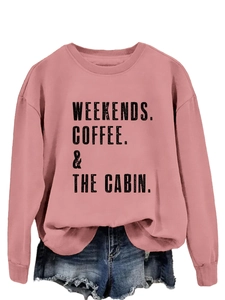 Detail of mauve crewneck sweatshirt featuring black vintage lifestyle text print