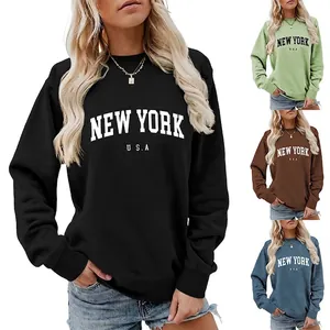 Felpa da Donna Casual in Misto Cotone Girocollo Stampa Lettere New York USA Pullover Largo Top Moda Streetwear