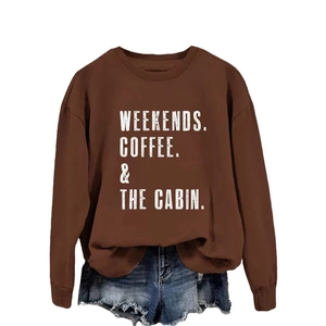 Brown crewneck sweatshirt with Weekends Coffee & The Cabin letter print design.