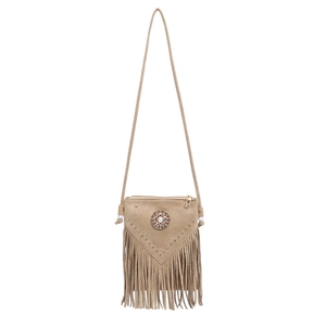 Bohemian saddle bag with fringe details and metal studs in khaki faux suede
