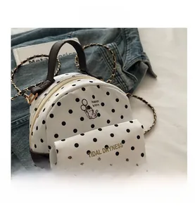 Detail view of mini polka dot backpack with cute cartoon cat and golden metal clasp