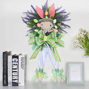 Easter rabbit door wreath with purple lavender flowers, colorful eggs, and green ribbons
