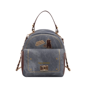 Mini sac à bandoulière en denim avec imprimé chat noir et finitions en cuir marron