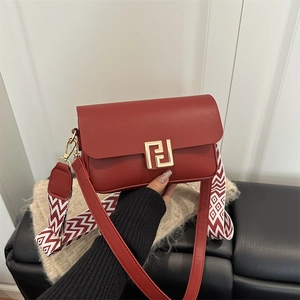 Vintage PU Leather Baguette Crossbody Bag With Geometric Metal Lock Wide Woven Shoulder Strap Urban Small Square Bag For Women