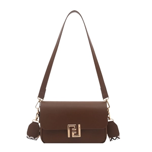 Brown leather rectangular crossbody bag with gold buckle and chic woven wide shoulder strap