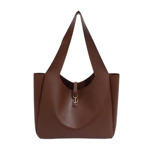 Classic dark brown synthetic leather tote bag with elegant golden metal clasp for women
