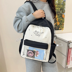 Cute black and white school backpack with transparent window and cartoon dog print
