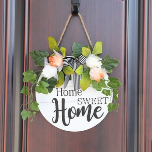 Home Sweet Home Round Wooden Door Sign With Artificial Orange Roses Greenery Leaves Striped Bow Rustic Wall Decor Pendant