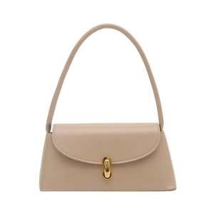 Elegant beige minimalist shoulder bag with a stylish golden U-shaped buckle on white background