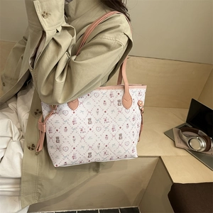 Fashionable large tote bag with cartoon print and pink leather trim for women
