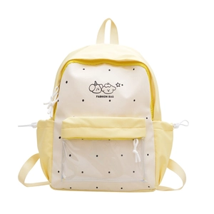 Minimalist cream yellow polka dot backpack with cute cartoon print and PVC front pocket