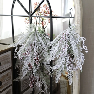 Christmas Swag And Garland Flocked Snow Effect Artificial Pine Needles Red Berries For Home Door Wall Decoration Hanging