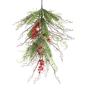 Christmas hanging teardrop swag with green pine needles and red berries for holiday decor