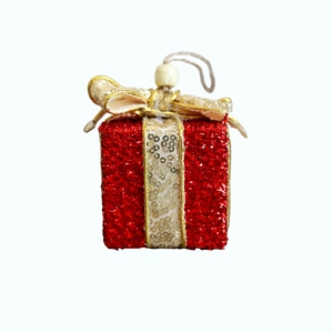 Funkelnde rote Weihnachts-Geschenkbox aus Schaumstoff mit goldener Schleife zum Aufhängen