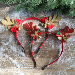 Lot de trois serre-têtes de renne de Noël avec paillettes, cloches et nœuds rouges festifs
