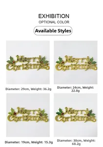 Four sizes of golden Merry Christmas signs with holly leaves showing diameters and weights