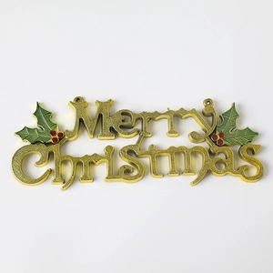 30cm Merry Christmas sign in gold with holly leaves and red berries for holiday decor
