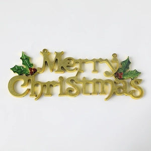 Golden Merry Christmas sign with holly berries for holiday home wall decorations