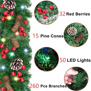 2.7m Green Christmas Garland with 260 tips 50 LEDs 15 pine cones and 32 red berries