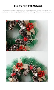 Détail de couronne de Noël avec aiguilles en PVC, pommes de pin et baies rouges décoratives
