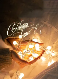 Close-up of hands holding warm white LED ball fairy lights for Christmas decor