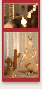 Detail of warm white spherical LED light strings for cozy indoor and tent decoration
