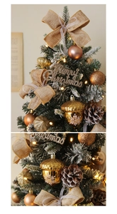 Detailed set of champagne gold Christmas ornaments with festive pine cones and a Merry Christmas sign