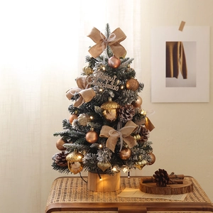 45cm snowy tabletop Christmas tree with warm LED lights, pine cones and rustic burlap bows