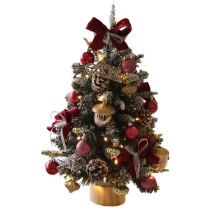 45cm snowy tabletop Christmas tree with warm LED lights and red velvet bows decor