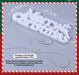 Détail de l'enseigne LED Merry Christmas de 27,5cm avec boîtier à piles et dimensions