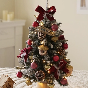 45cm snowy tabletop Christmas tree with red velvet bows and warm LED lights on wood base