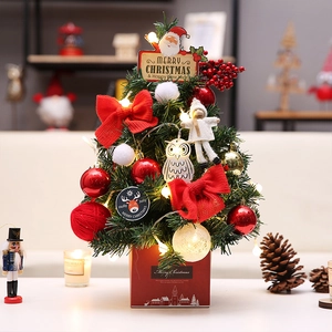 Luxurious 45cm tabletop mini Christmas tree with red bows, LED lights, and ornaments