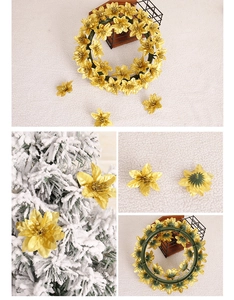 Detailed views of 6cm gold artificial Christmas poinsettia flowers and festive wreaths