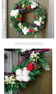 Detail view of a Christmas garland featuring pine cones, red berries, and cotton flowers