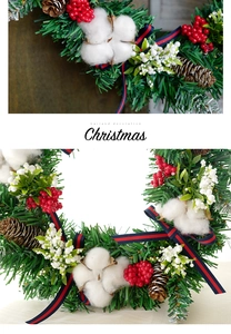 Detail of Christmas garland with pine needles, red berries, pine cones and striped ribbon