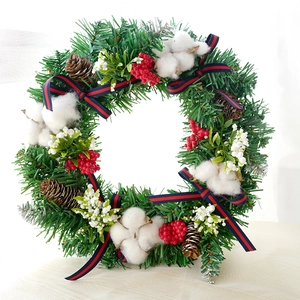 Classic 40cm Christmas wreath with pine cones, red berries and festive striped ribbons