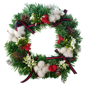 European 30cm Christmas wreath with cotton, pine cones, red berries and striped bows