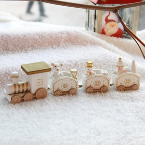 Four-section white and gold wooden Christmas train set with bear and snowman figurines