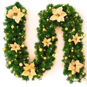 Guirnalda navideña 2,7m verde con bolas doradas, flores de pascua y luces LED cálidas