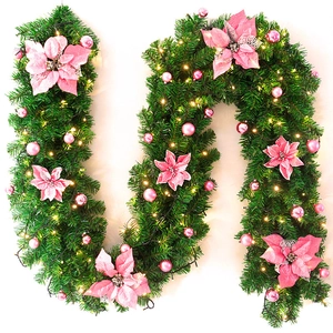 Guirnalda navideña verde de 2,7 m con flores de pascua rosa, bolas y luces LED cálidas