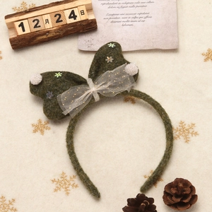 Christmas green felt headband with bow, white pom-poms and snowflake sequins décor