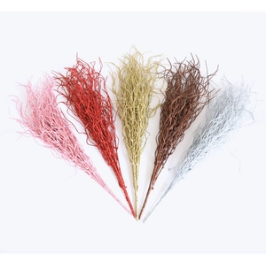 Close-up of artificial glitter grass branches in pink, gold, red, and silver colors